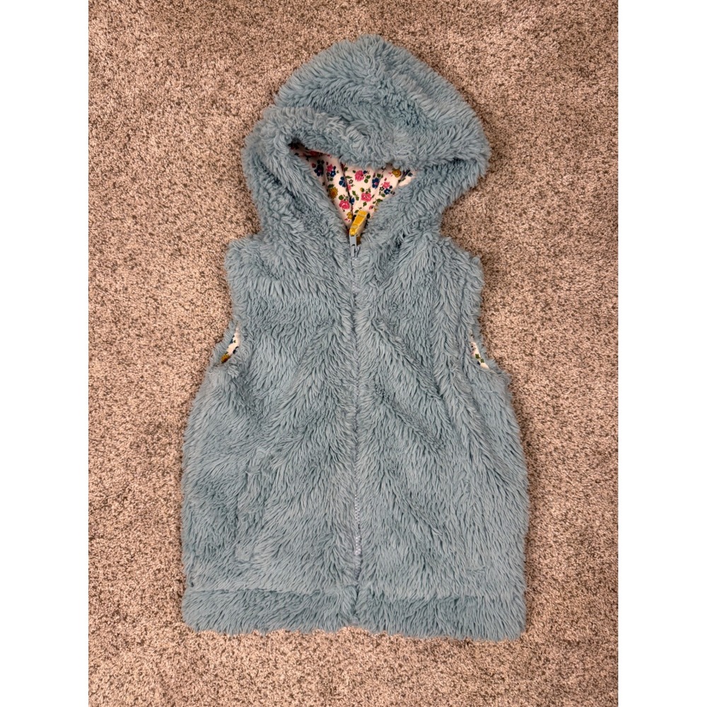 Mini Boden Girls Blue Shaggy Faux Fur Hooded Vest Floral‎ Lining Size 5-6Y
